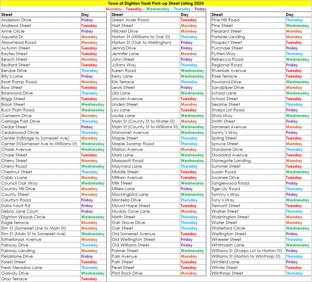 Trash Pick-up Street Listing